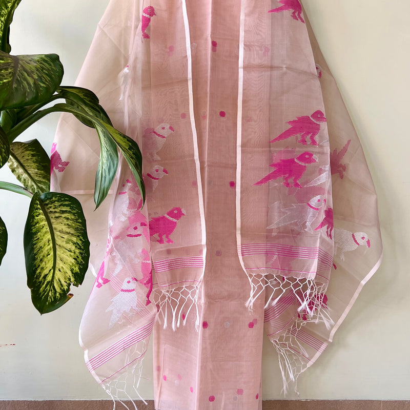 Muslin Jamdani Suit Set- Cream With Rani Pink Bird