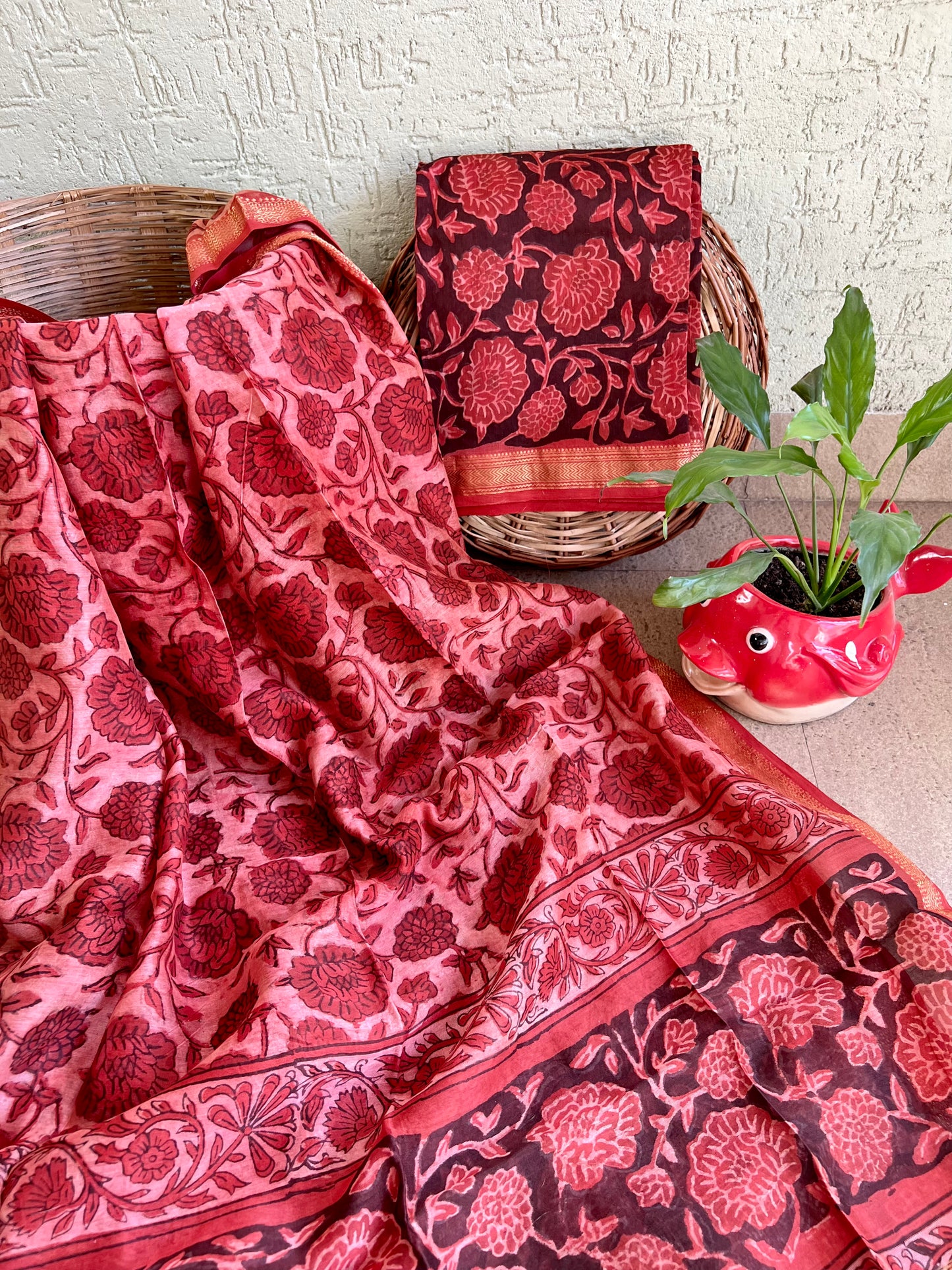Vanaspati Ajrakh Maheswari Silk Suit Set - Red And Peach