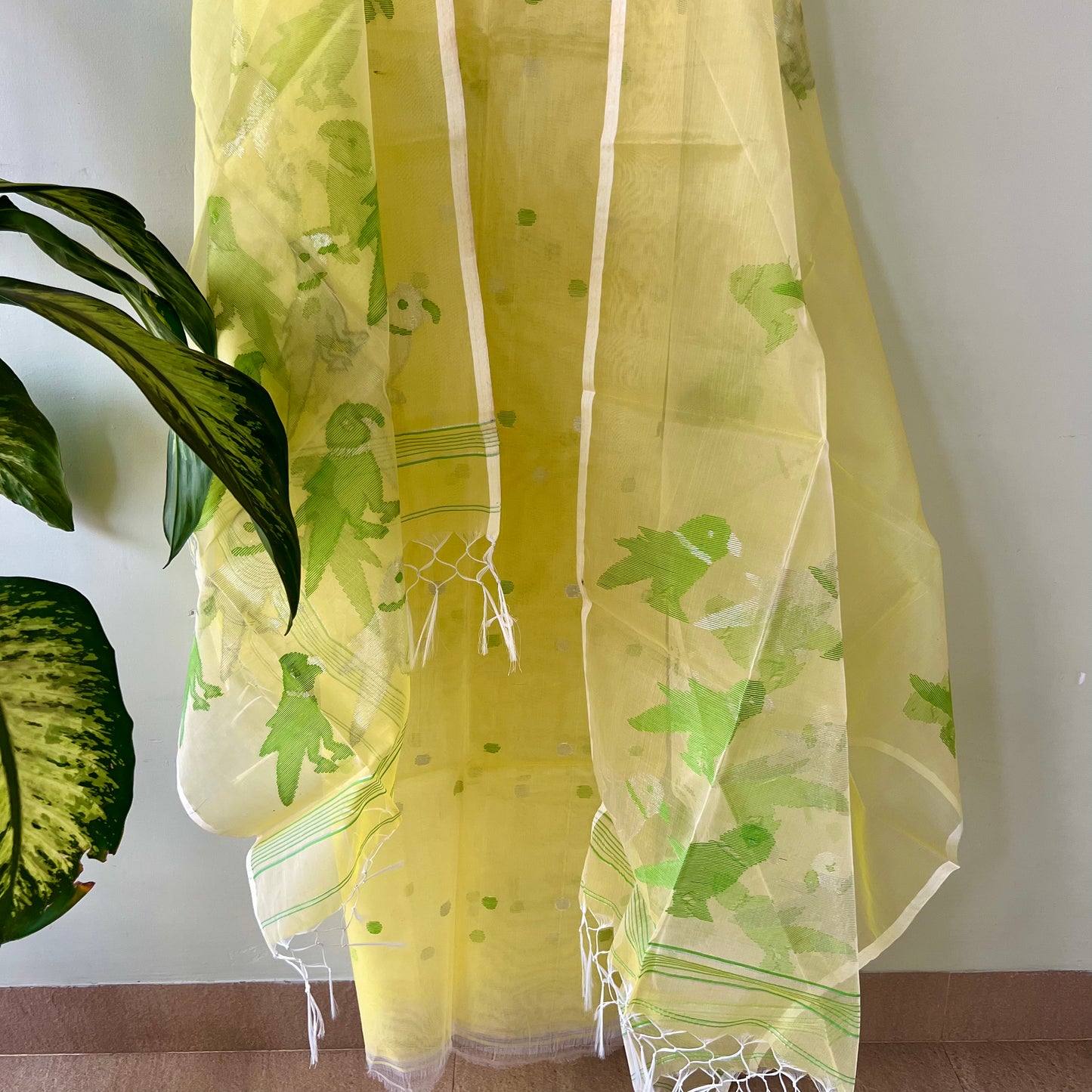 Muslin Jamdani Suit Set- Yellow With Green Bird