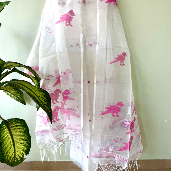 Muslin Jamdani Suit Set- White With Pink Bird Design