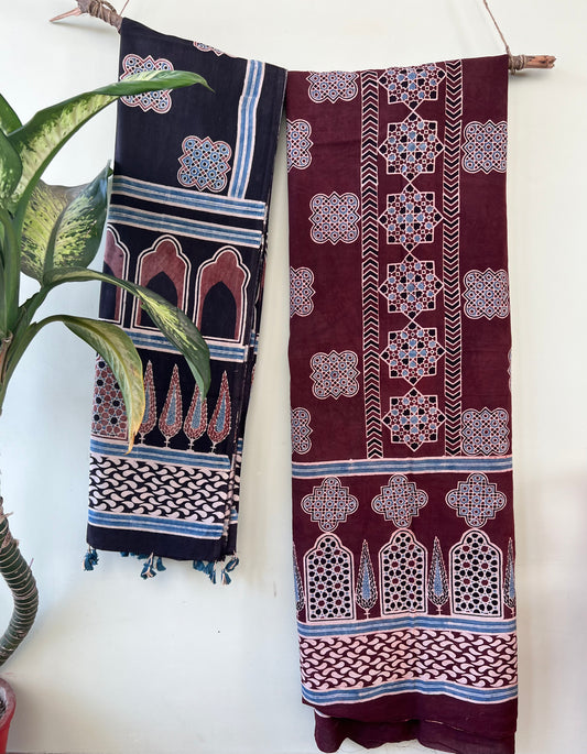 Ajrakh Geometric Print Woven Cotton 3Pcs Suit Set- Chicory Coffee