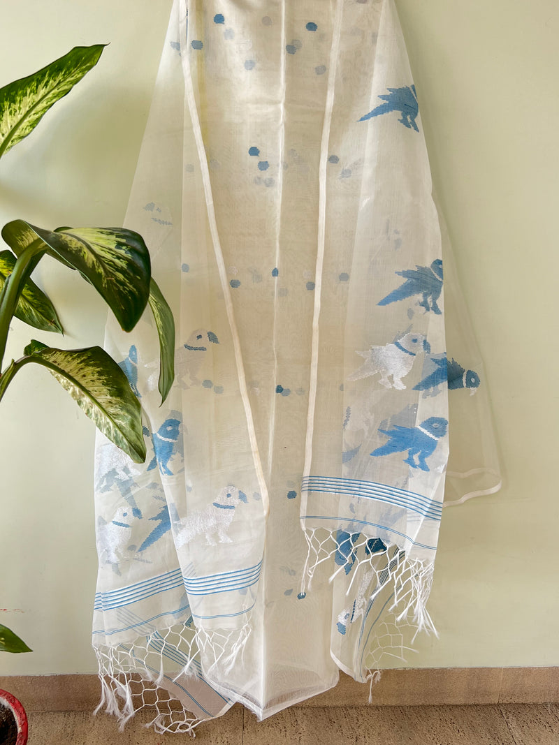 Muslin Jamdani Suit Set- Offwhite With Blue Bird